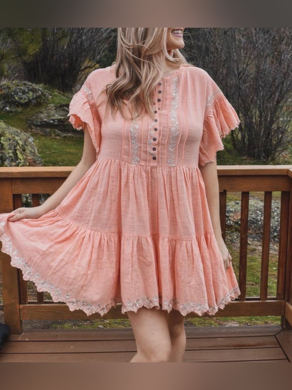 Free People Santiago Orange Cotton Babydoll Dress XS Peach Pink Oversize Boho FP